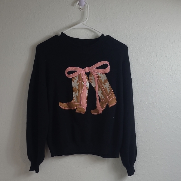 threaded leaf Sweaters - Threaded Leaf Cowboy Boots Black Sweater with Pink Boot Design Size S
